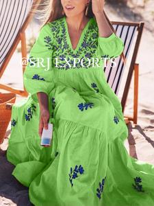 Luxurious Floral Floor-Length Boho Lady Resort Evening Yellow Gown Bohemian Style Lace Natural Waist Woven Cotton Dress - Product Image 5