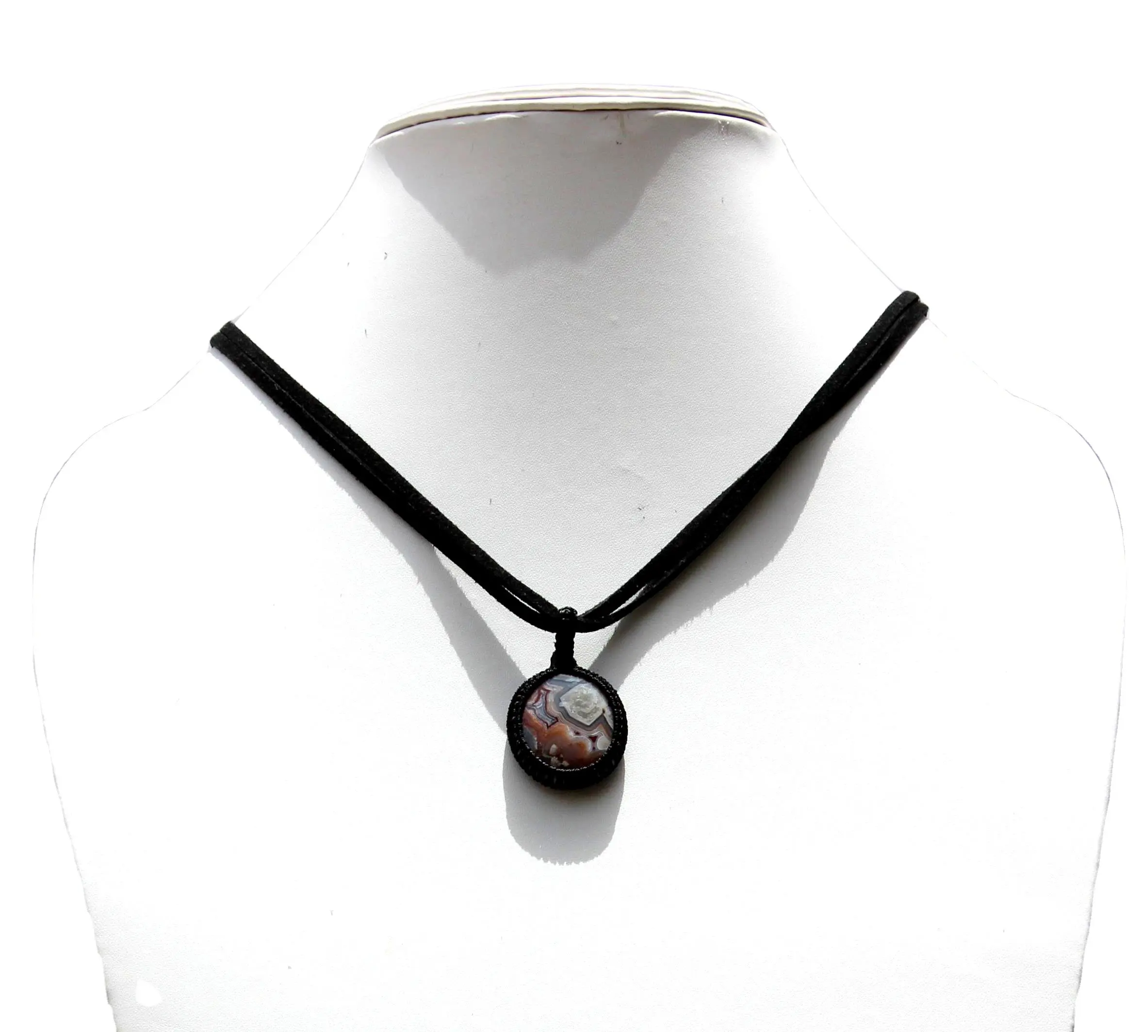Botswana Agate Cabochon Macrame Pendant Leather Cord Necklace