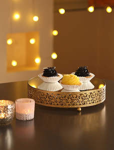 <b>Gold</b> Tone Unique Designer Round Metal <b>Mirror</b> <b>Tray</b> Stylish Storage <b>Trays</b> at Best Price From India - Product Image 3