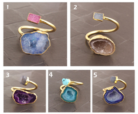 Nouvelle bague pour femme élégante et tendance en turquoise naturelle et géode bleu ciel, plaquée or 24 carats, réglable, double pierre, faite à la main