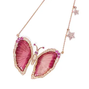 Solid 14k Rose Gold Diamond Pave Tourmaline Carved Butterfly Pendant 18 Inches Chain Necklace Sapphire Fine Jewelry Manufacturer