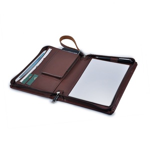 Organisateur de bureau en cuir véritable pour hommes et femmes Couverture A4 à glissière avec motif de dossier avec logo personnalisé - Product Image 1