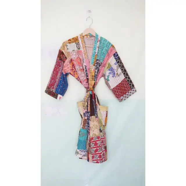 Hand Made Bath Robe Boho Tie Belt Indian Vintage Cotton jacket Woman Old Jacket Vintage Cotton Patchwork jacket Coat