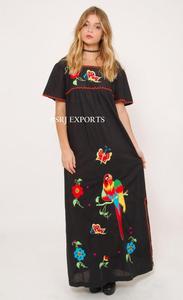 <b>Vintage</b> <b>70s</b> Maxi <b>Dress</b> Square Neck Side Slit Hand Embroidered Flora Butterfly Parrot Designs 100% Cotton Short Sleeve Summer - Product Image 5