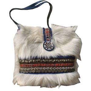 Nouveauté Sac fourre-tout décontracté en cuir de chèvre véritable et fourrure, de haute qualité, ethnique, bohème, unique, avec logo 'ins' en coton, pour femme, à deux poignées - Product Image 1