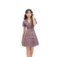 Robe T-shirt en lin à carreaux pour femme, col rabattu, boutons décoratifs, style vietnamien, tissée, naturelle, automne 2020, haute qualité