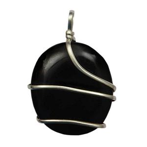 Pendentif en agate noire naturelle en gros | Collier ovale en cristal de guérison enroulé de fil pour femmes et hommes - Product Image 1