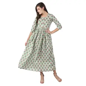 Green Printed Ankle Long Ethnic Dress - Indian Designers cotton Kurti-Hand Crafted Traditional kurti Gown dress boho wedding d