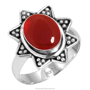一种尺寸的手工红色玛瑙混合设计银色覆盖波西米亚戒指复古女士珠宝为零售商