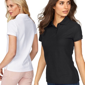 Polo slim en coton pour femme, haut personnalisé avec des dessins d'impression personnalisés, de couleur noir et blanc - Product Image 6