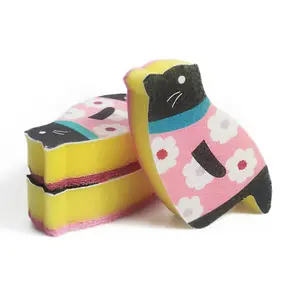 Nouveau design imprimé mignon chat forme tampons à récurer OEM cuisine nettoyage éponge tampon à récurer