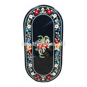 Plateaux de table à manger ovales en marbre noir antique incrusté - Product Image 1