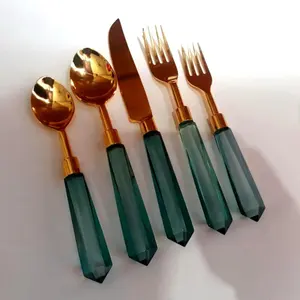 Japanese gift set box canteen cutlery narrow & long gift box Green Acrylic Handle Gold Cutlery Set in a Gift Box