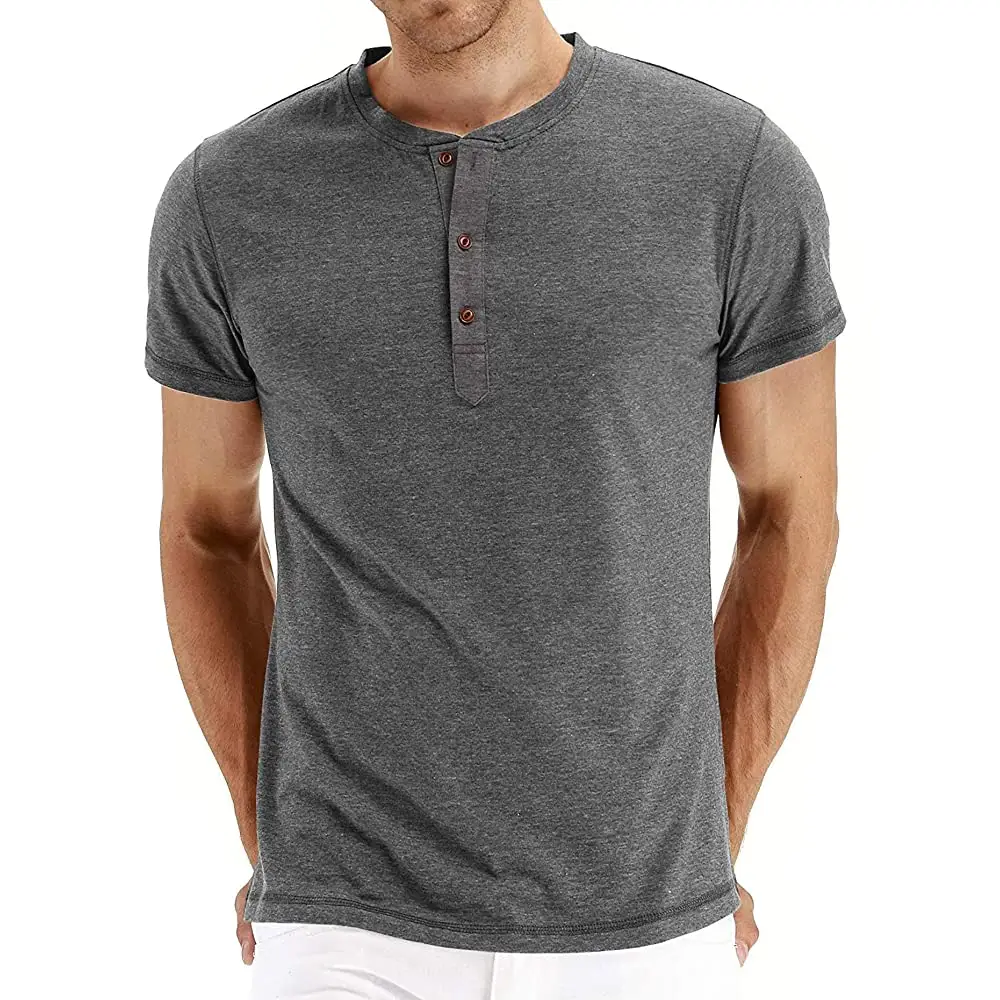 Heren Ademende Wafel Gebreid Grijs Shirt Aan Te Passen Korte Mouw Knoop Henley T-Shirt Dikke Top