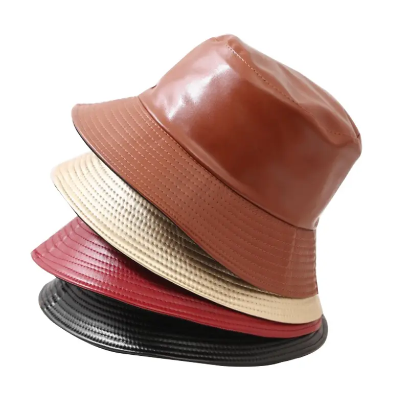 Reversible Hats Women High Fashion Bucket Hats PU Fashion Fisherman Solid Color custom original leather Caps