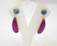 Ensemble de boucles d'oreilles clous en argent sterling plaqué or avec agate violette, druzy bleu et perle d'eau douce, serti clos, fait main, double