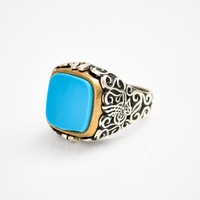 Anillo de cóctel para hombre de plata de ley 925 con turquesa natural de dos tonos, estilo turco clásico, engaste de bisel, IGI