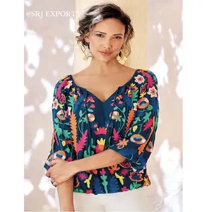 Banjara Top Elegant Floral Embroidery Premium Crinkle Gauze Long Sleeve O-Neck Lace Cotton Bohemian Breathable Eco-Friendly - Product Image 1