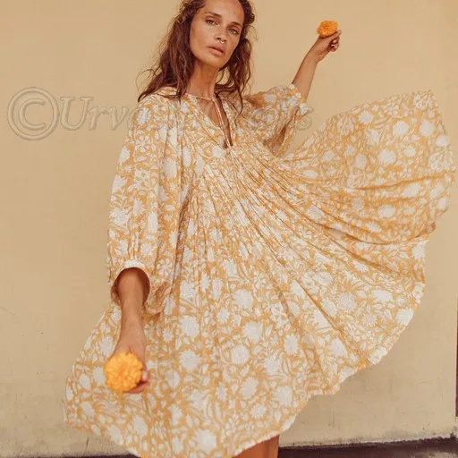 Vestido corto de algodón con estampado bohemio para mujer, con cuello redondo, Mangas de globo, cintura alta, atuendo de noche para complejo turístico