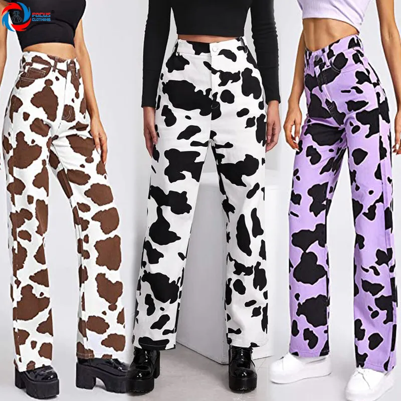 2022 New Arrivals Women Clothing Leopard Printed High waist Stylish Fashion Ladies White High Waisted Denim Jeans Women