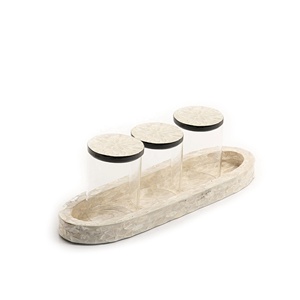 Bandeja de bambú artesanal para decoración del hogar, juego árabe de frascos de vidrio con bandeja para madre de perla, crema marrón - Product Image 1