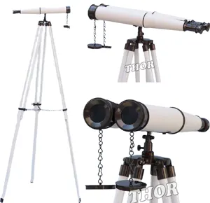 Binoculars Floor Standing Brushed Nickel with White Leather Binoculars 62" Double-Barrel Wooden Stand Telescope Office Decor