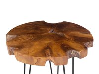 Table d'appoint/de chevet ronde en bois massif à bord naturel avec pieds en cheveux de cheval et finition thermolaquée pour l'intérieur/l'extérieur et la chambre à coucher