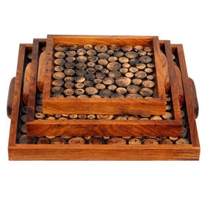 KSN Ensemble de 3 plateaux de service carrés rectangulaires en bois taillé en marbre à la mode Taille personnalisée pour la cuisine à domicile Service de nourriture décoratif - Product Image 5