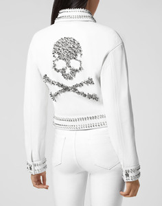 Chaqueta de cuero con cierre de cremallera para mujer, nuevo diseño, 2021, tachuelas y pinchos, color blanco - Product Image 5