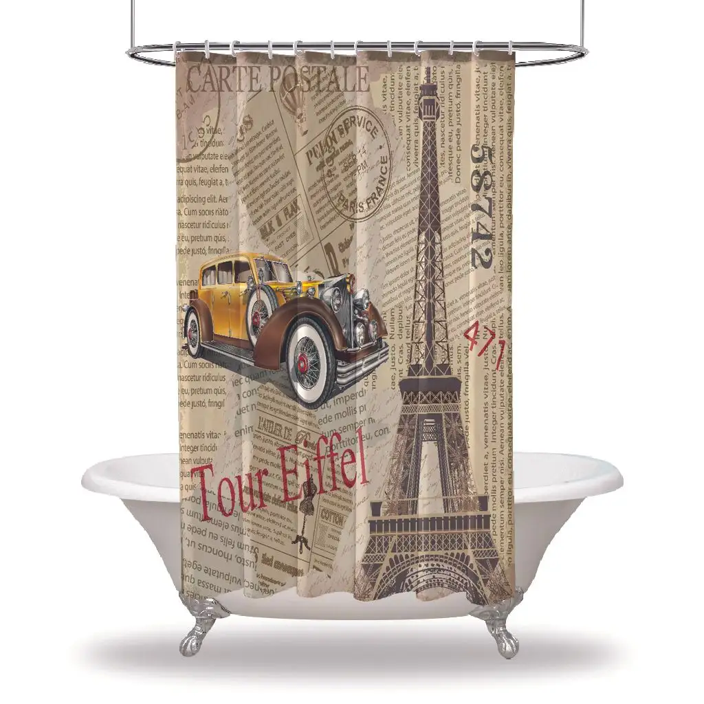 Postcard Printed Showers Curtain / Waterproof Button Hole Shower Drapes - Eiffel Tower Vintage Car on Newspaper Beige Brown