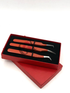 Pinzas de extensión de pestañas con aislamiento de acero inoxidable y volumen ruso con revestimiento de polvo naranja de 90 grados, herramientas de belleza con logotipo personalizado - Product Image 5