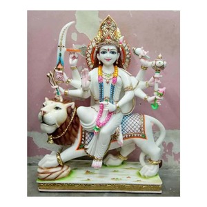 Escultura de León, mármol blanco pulido, Durga Mata sentado sobre la figura - Product Image 1