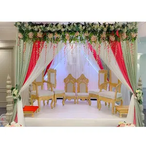 Mandap Vidhi Set Kursi Pernikahan Eksklusif, Kursi Vedi Ukir Kayu untuk Pernikahan Terbaru, Kursi Mandap Putih Emas