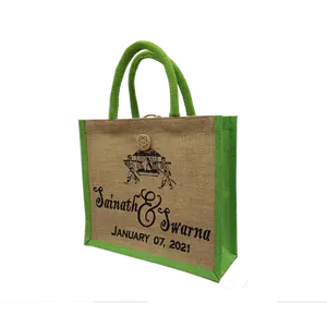 Tas tote besar jute kustom mode dengan cetakan logo tas belanja anyaman pegangan empuk diproduksi di Bengal Barat