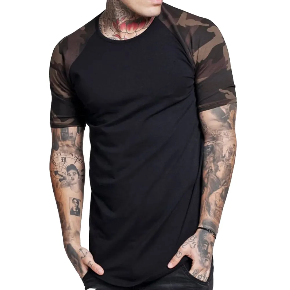 Black t shirt camo design sleeve high quality clothing manufactures gym slim workout t shirts casualwear streetwear fashionable