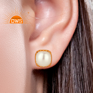 Crown Design Gold Plated <b>Silver</b> Natural Pearl Gemstone <b>Stud</b> Earring Jewelry For Women Gift For Her Dainty Collection - Product Image 4