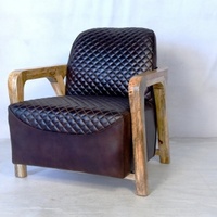 Fauteuil d'appoint en cuir de luxe avec structure en bois de manguier massif |   Design industriel, cuir véritable écologique, peau de mouton, meubles pour la maison