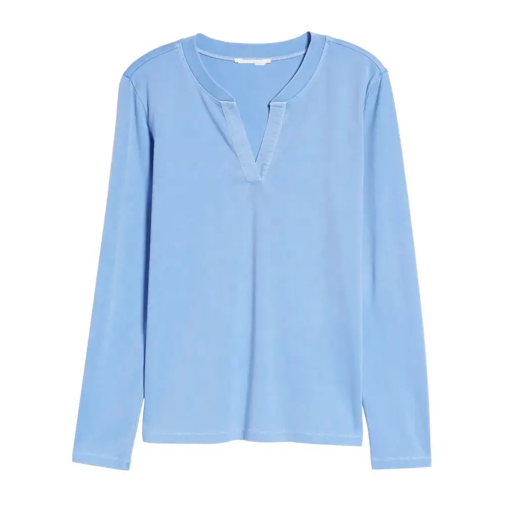 Blue cornflower Regular Women Split Neck Long Sleeve T-Shirt Long Sleeve High Quality Original Design Fashion Long Sleeve