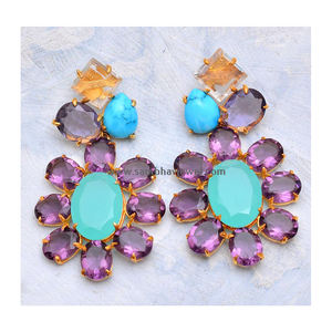 Boucles d'oreilles à la mode en argent Sterling 925 naturel multi calcédoine pierres précieuses Micron plaqué or femmes cadeau approvisionnement en vrac - Product Image 1