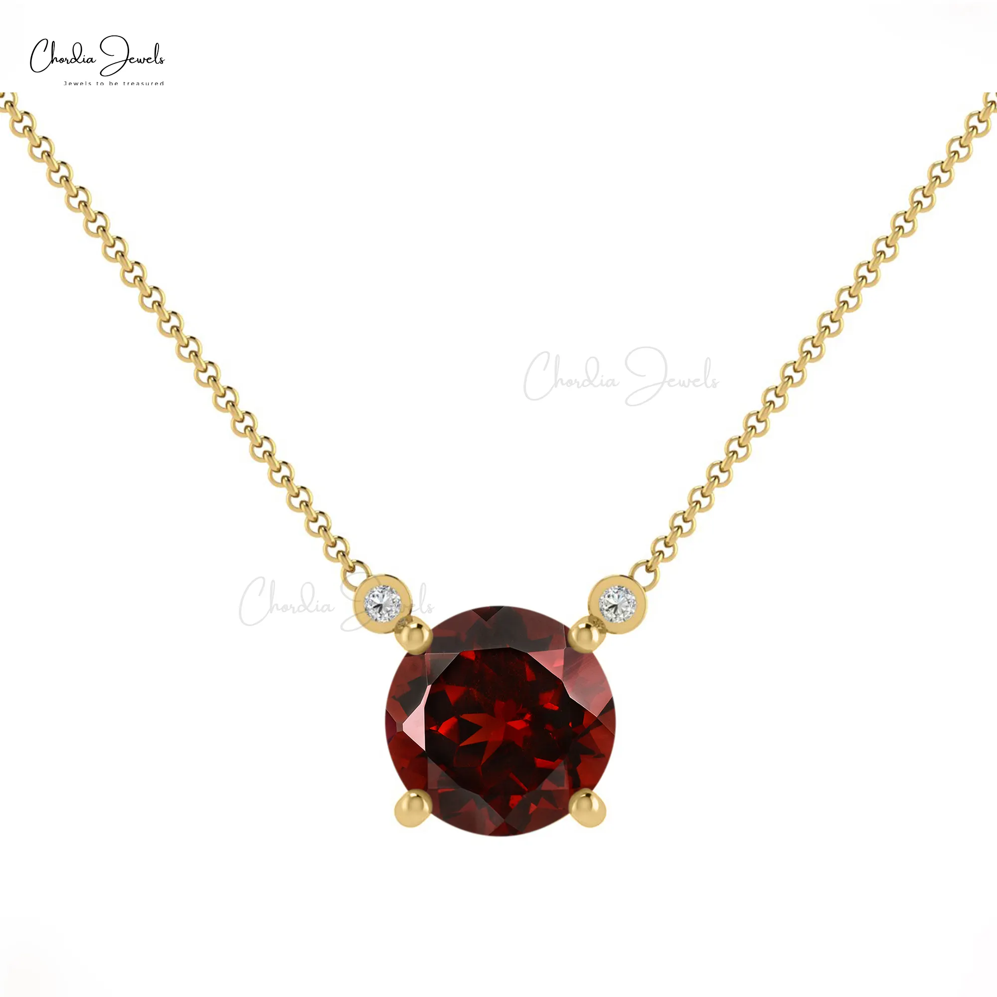 Round Cut Natural Garnet 14k Yellow Gold Diamond Accented Necklace Hot Sale for Girls Certified Gemstone Jewelry
