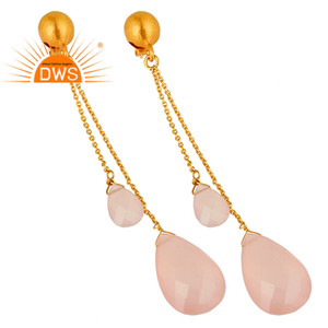 Boucles d'oreilles chaîne briolette calcédoine rose en argent sterling poli or Collection classique - Product Image 2