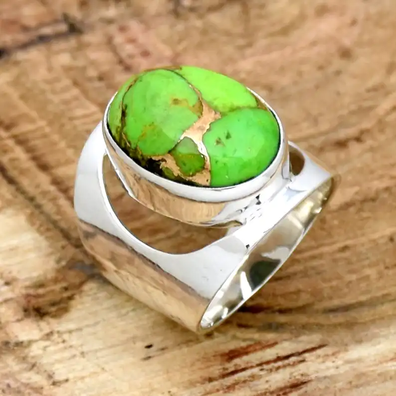 Exquisite kräftige handgemachte natürliche grüne Kupfer türkis 925 Sterling-Silber antik Designer einfarbiges Band Finger eingravierter Ring