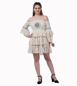 Ivoire Crochet Designer Boho femmes hors épaule robe décontracté Mini robe plage fête porter femme - Product Image 1