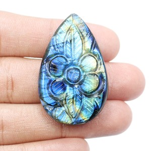 Naturel Bleu Flashy Labradorite Cabochon Mughal Art Sculpture Poire Forme Lâche Pierre Précieuse Taille 42X26 - Product Image 4