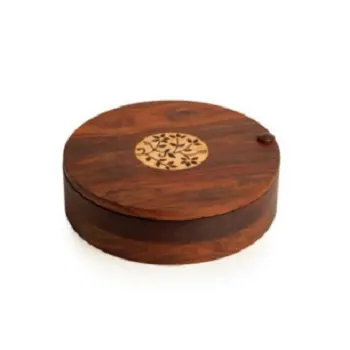 丸い形のカスタマイズされたサイズの台所用品マサラダバスパイスボックスを備えたプレミアム品質の木製スパイスボックス