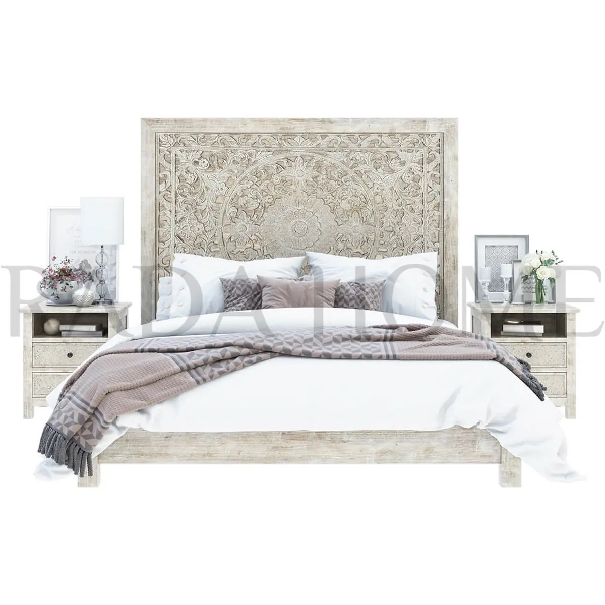 हाथ से तैयार की जाती पारंपरिक ठोस लकड़ी प्रीमियम बेडरूम सेट देहाती आधुनिक शैली आकर्षक भंडारण मंच बिस्तर