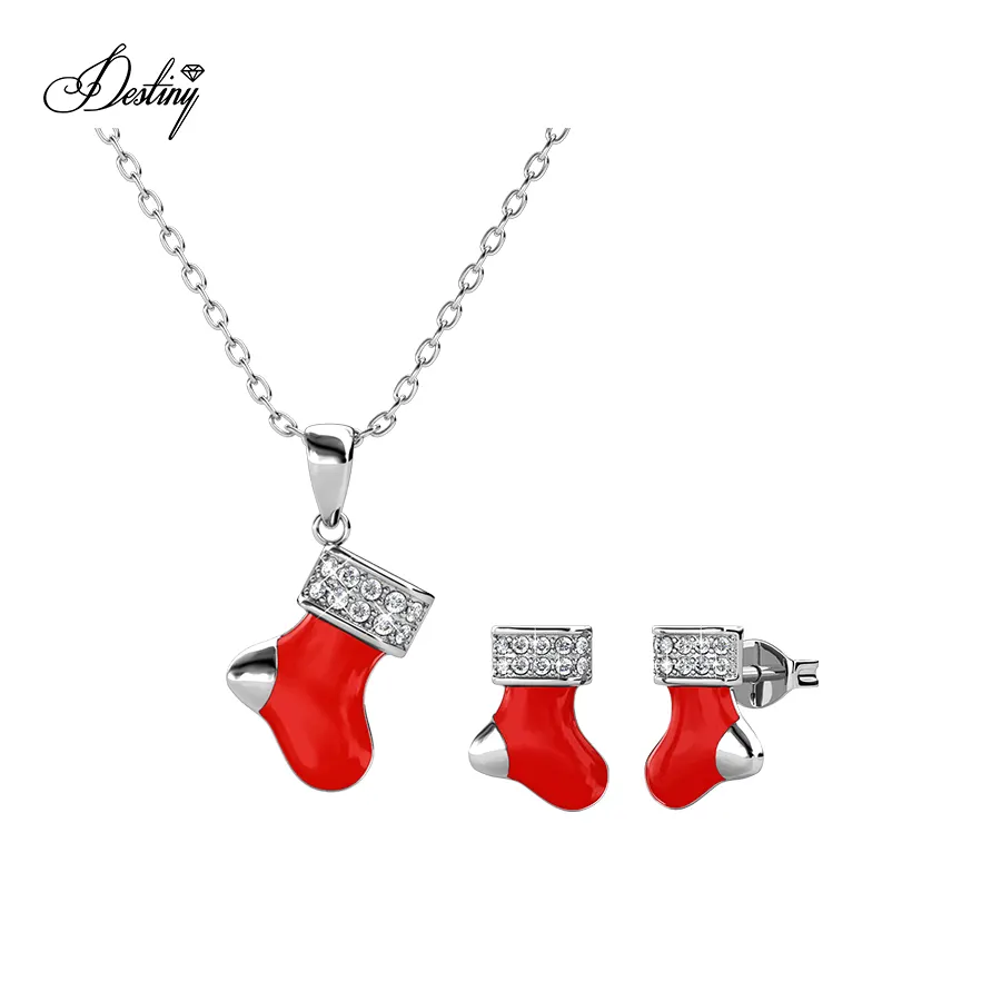Destiny Jewellery Red Enamel With Crystals Christmas Socks Design Pendant and Earrings Set, Best Gift on Christmas