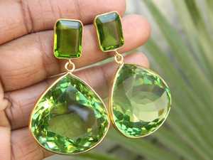 Boucles d'oreilles en argent Sterling 92.5, Quartz vert poli, bijoux d'oreille en or pour femmes et filles, cadeau chrétien - Product Image 2