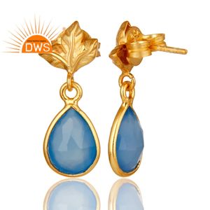 Boucles d'oreilles en chalcédoine bleue, feuille, design, plaqué or, argent, boucles d'oreilles pendantes, fournisseur de bijoux, collection vintage - Product Image 3