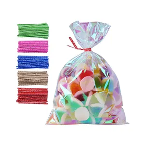 Hot Sale Custom Iridescent Holographic Cellophane Party Bags with Twist Ties Solid Gift Wrap Cellophane Plastic Bags